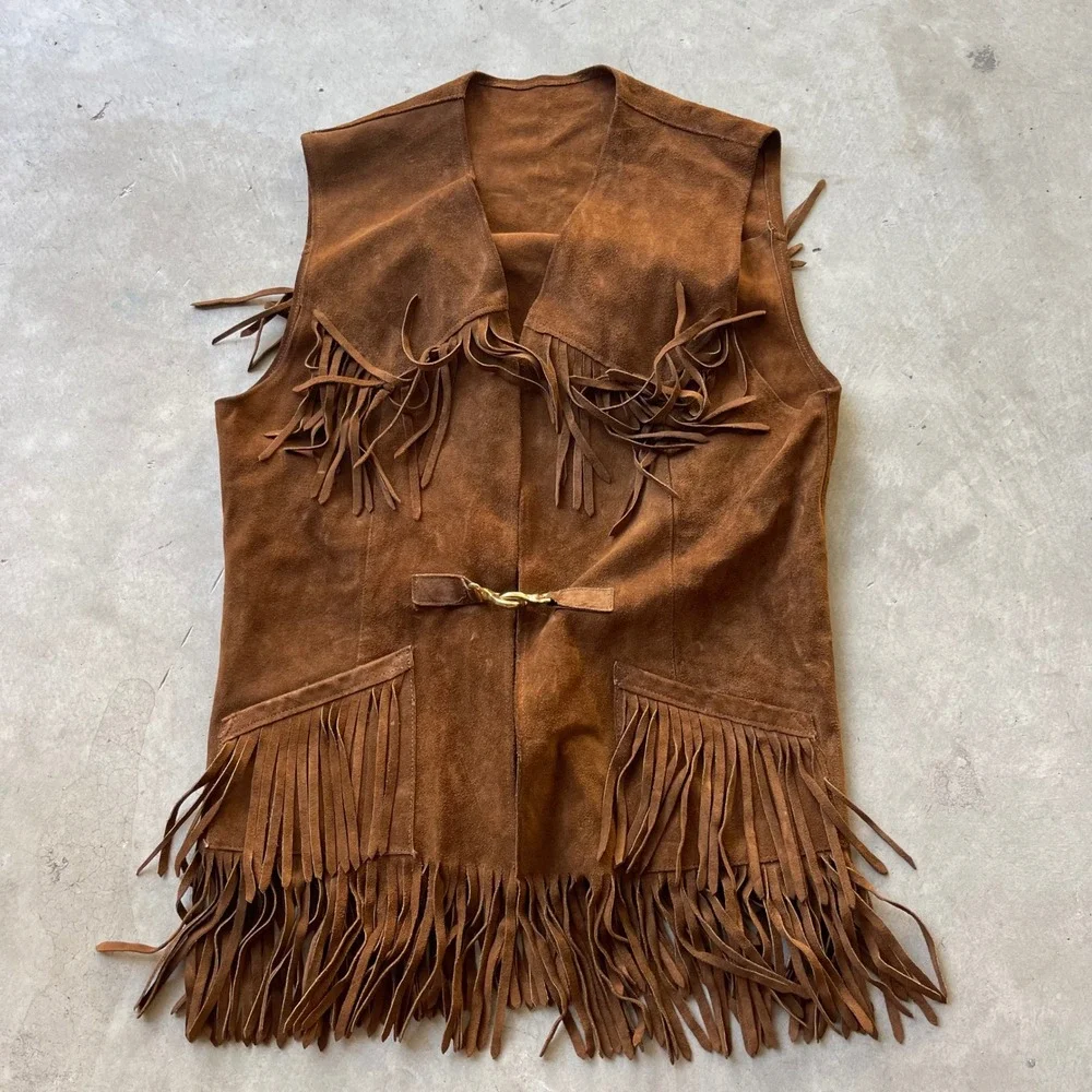 Mr Chips Vintage Brown Suede Leather Fringe Western Vest Hook Closure Brown